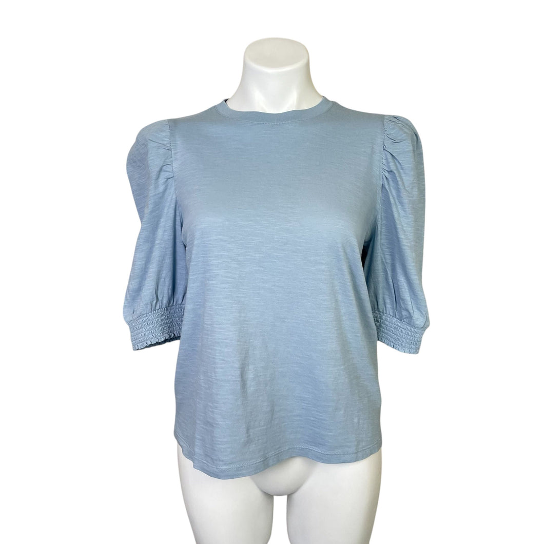 Good Hart | Women's Blue Gray Short Puff Sleeved 100% Cotton Top | Size: S