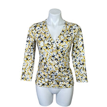 Load image into Gallery viewer, Ann Taylor | Women&#39;s Yellow/White/Black/Blue Floral Print Faux Wrap Long Sleeved Top | Size: XS
