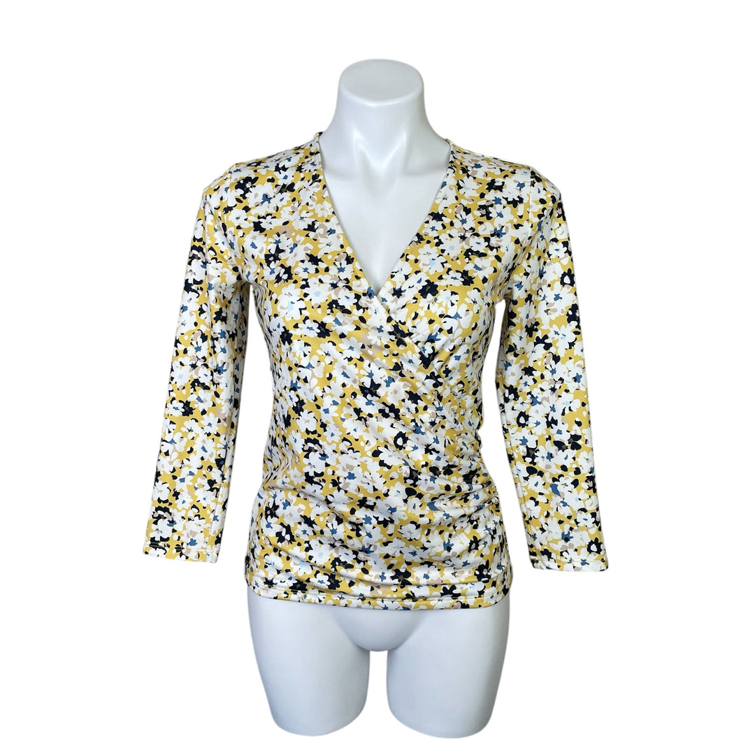 Ann Taylor | Women's Yellow/White/Black/Blue Floral Print Faux Wrap Long Sleeved Top | Size: XS