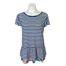 Load image into Gallery viewer, Matilda Jane | Women&#39;s Blue and White Striped Floral Ruffle Bottom Tunic Top | Size| S
