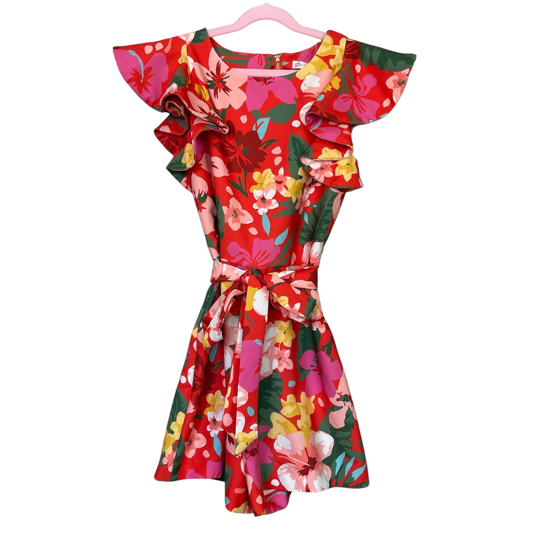 GB Girls | Girls Bright Red and Floral Print Belted Romper | Size: 14Y