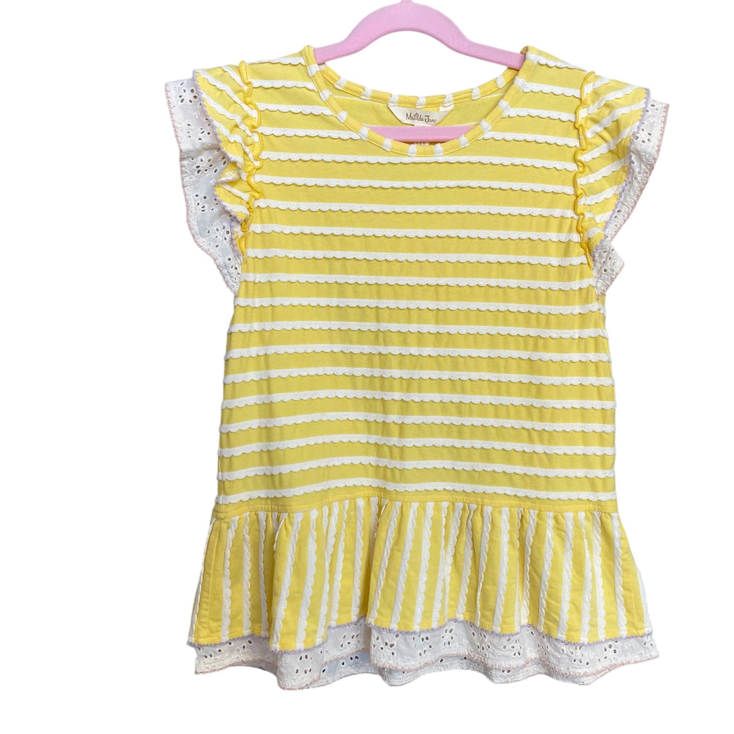 Matilda Jane | Girls Light Yellow and White Lace Striped Ruffle Tunic Top | Size: 12Y