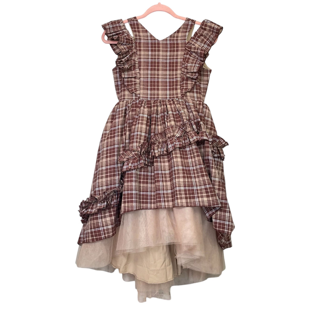 Joyfolie | Girls Two Toned Brown Plaid Tulle Tiered Dress | Size: 12Y