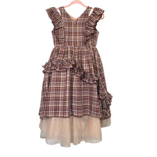 Load image into Gallery viewer, Joyfolie | Girls Two Toned Brown Plaid Tulle Tiered Dress | Size: 12Y
