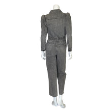 Load image into Gallery viewer, Express | Women&#39;s Black Distressed Denim Snap Down Jumpsuit with Tie | Size: 4
