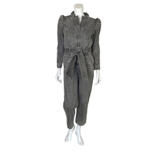 Load image into Gallery viewer, Express | Women&#39;s Black Distressed Denim Snap Down Jumpsuit with Tie | Size: 4
