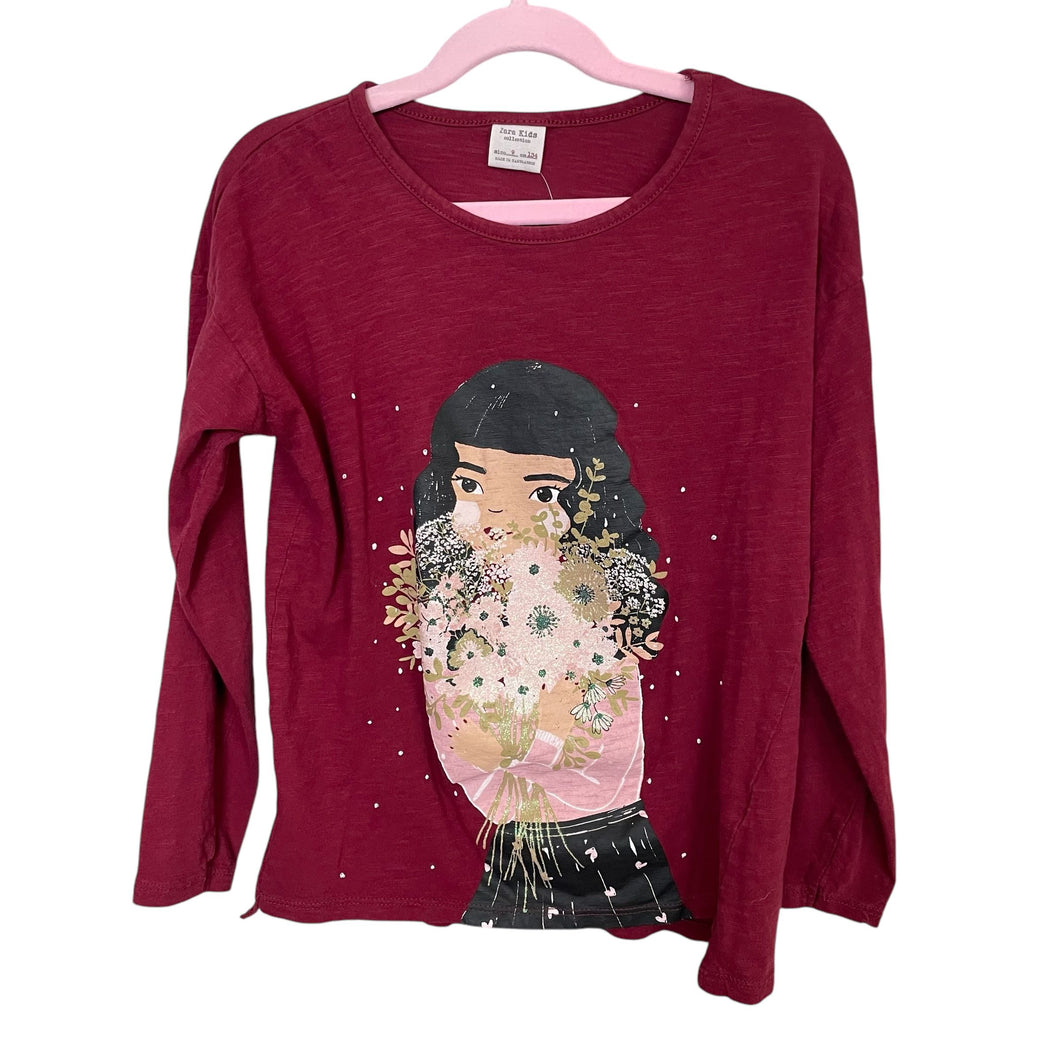 Zara | Kid's Maroon Red Girl w/ Flowers Long Sleeve T Shirt | Size: 9Y