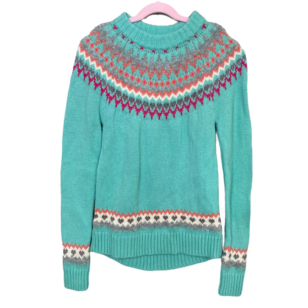 Crewcuts | Kid's Knitted Turquoise Sweater w/ Orange/Grey/Pink Design | Size: 14