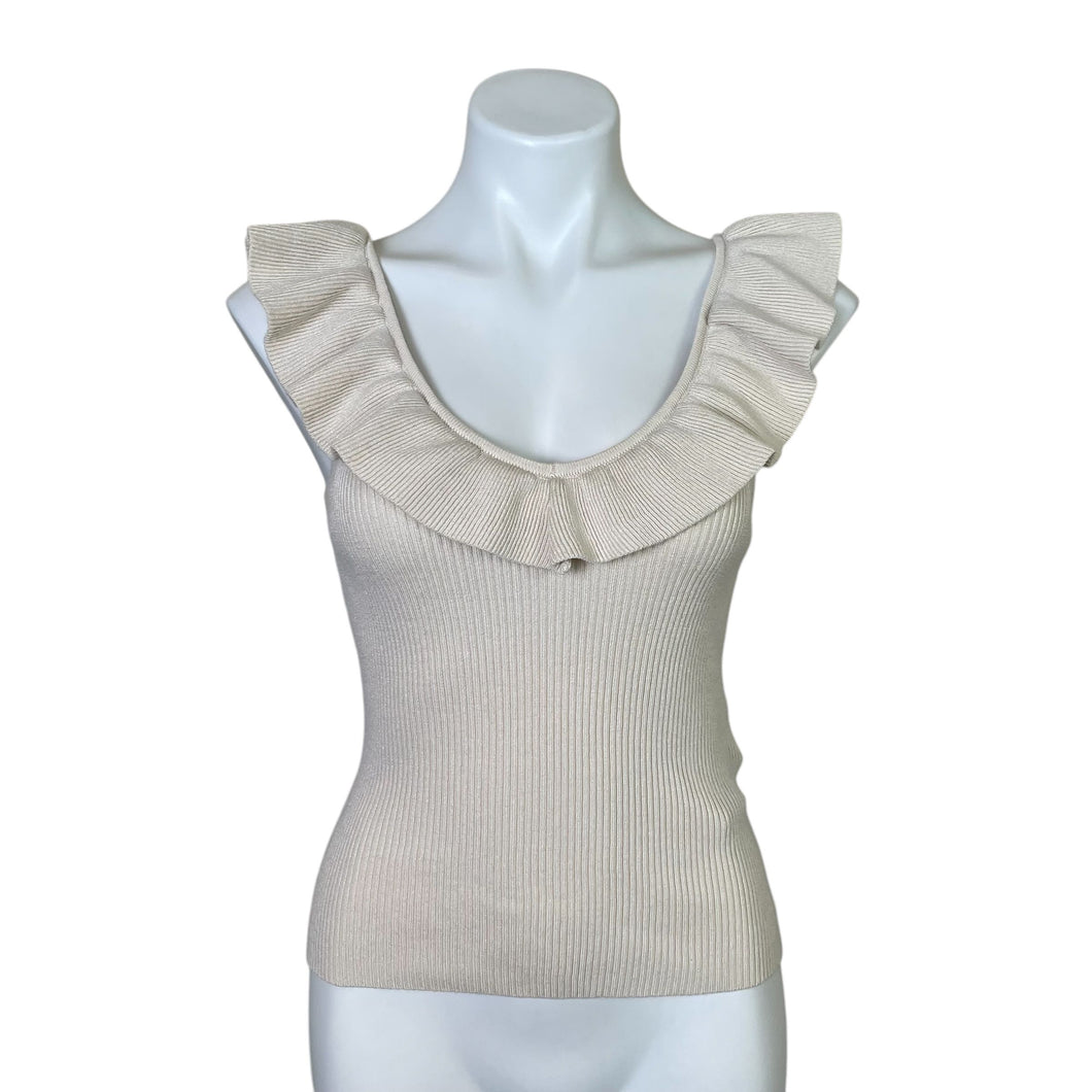 Vero Moda | Women's Cream Ribbed Cropped Ruffle Sleeveless Sweater Top | Size: S