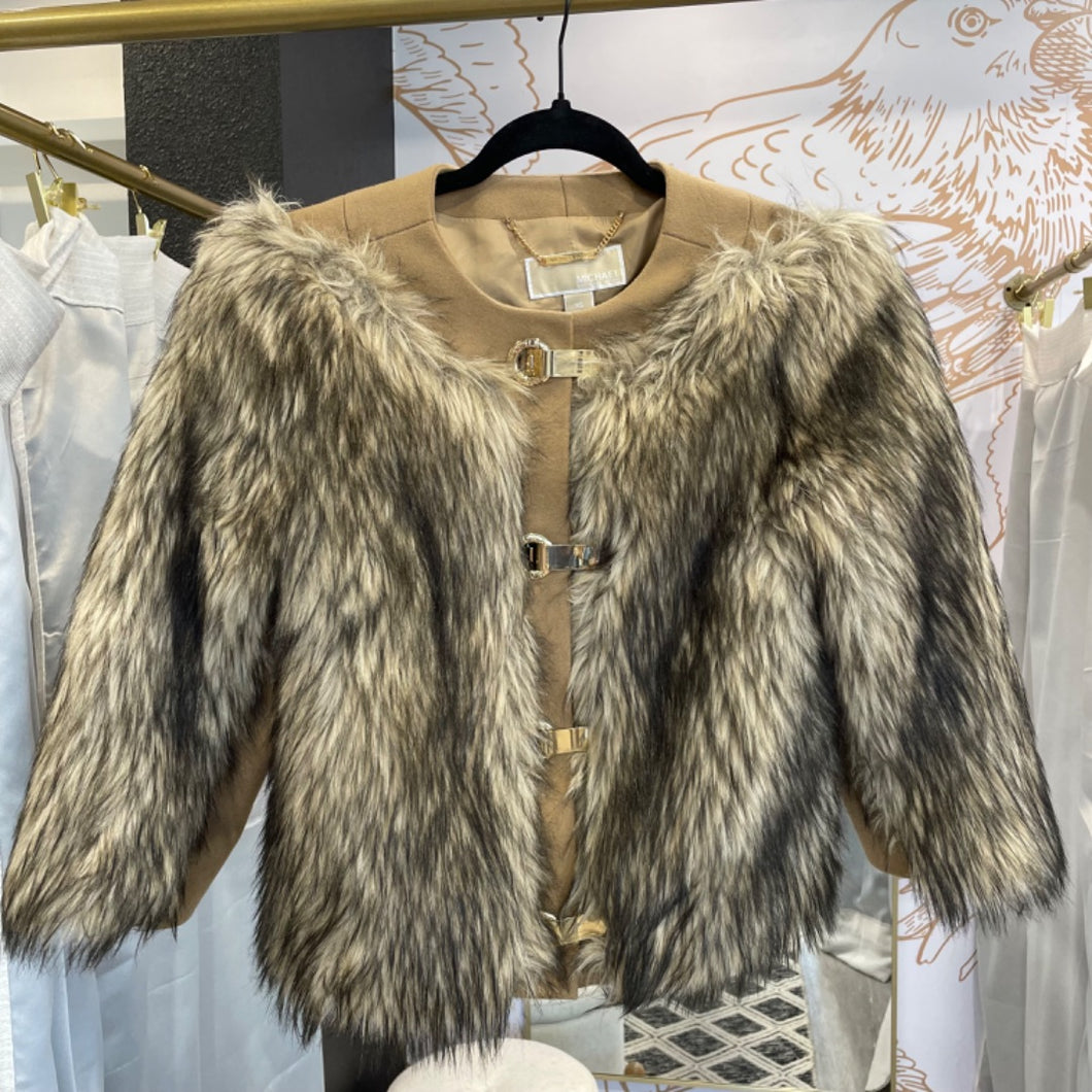 Brown Michael Kors Michael Kors | Women's Light Brown Hook Front Faux Fur Crop Jacket | Size: XS, XS