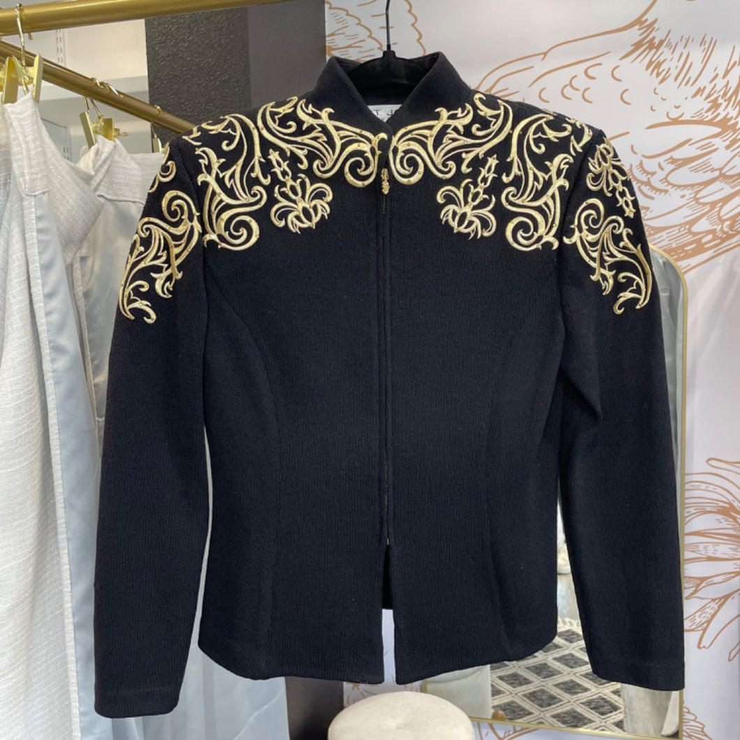 St. John | Women's Black and Embroidered Gold Evening Knit Zip Jacket | Size: 2