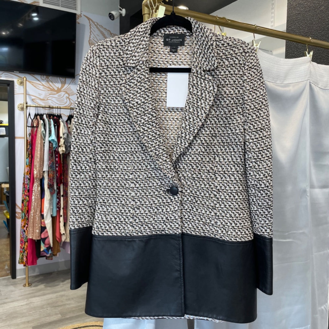 St. John | Women's Black and Tan Tweed and Leather Jacket | Size: 4
