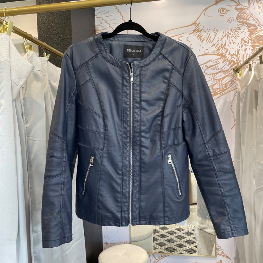 Bellivera | Women's Navy Blue Faux Leather Zip Jacket | Size: L