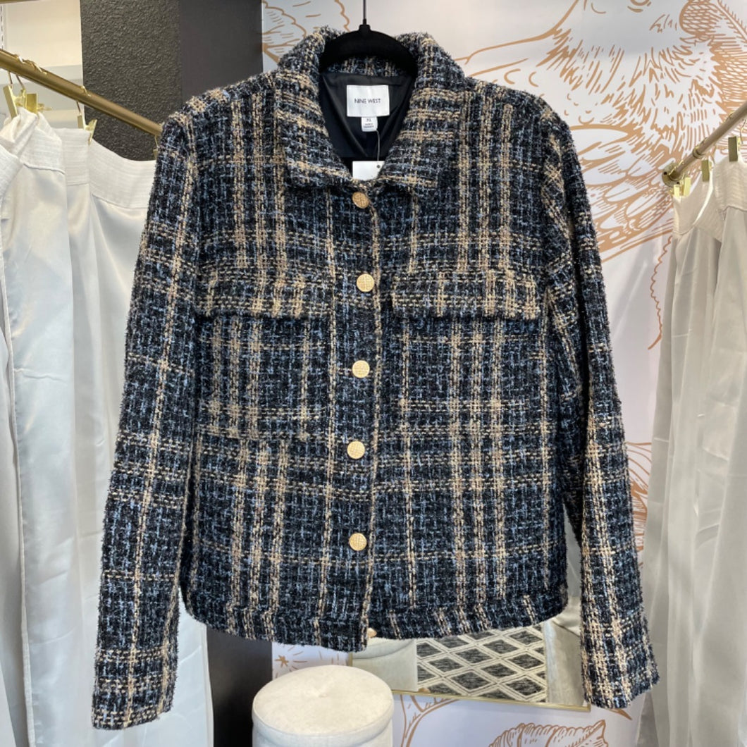 Nine West | Women's Tan/Black/Blue Tweed Plaid Gold Button Blazer Jacket | Size: XL