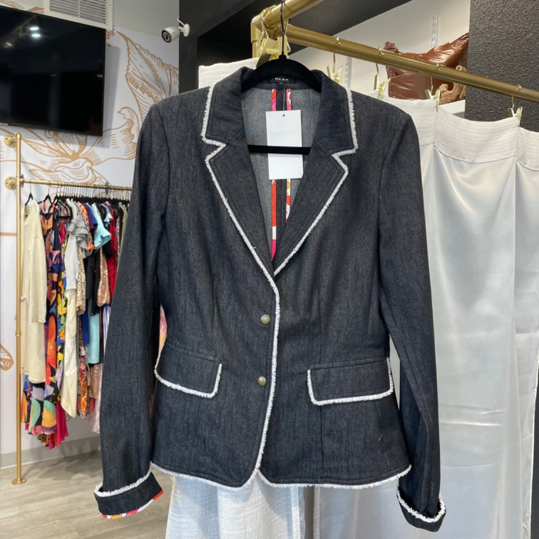 Neva | Women's Blue Denim Raw Edge Blazer Jacket | Size: S