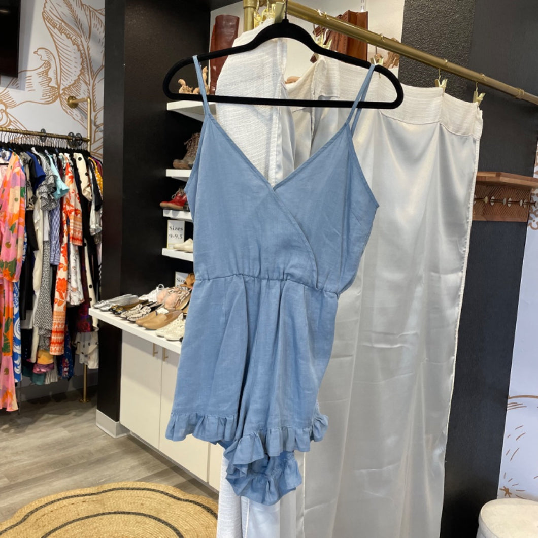 Women's Blue Linen Blend Ruffle Romper | Size: S