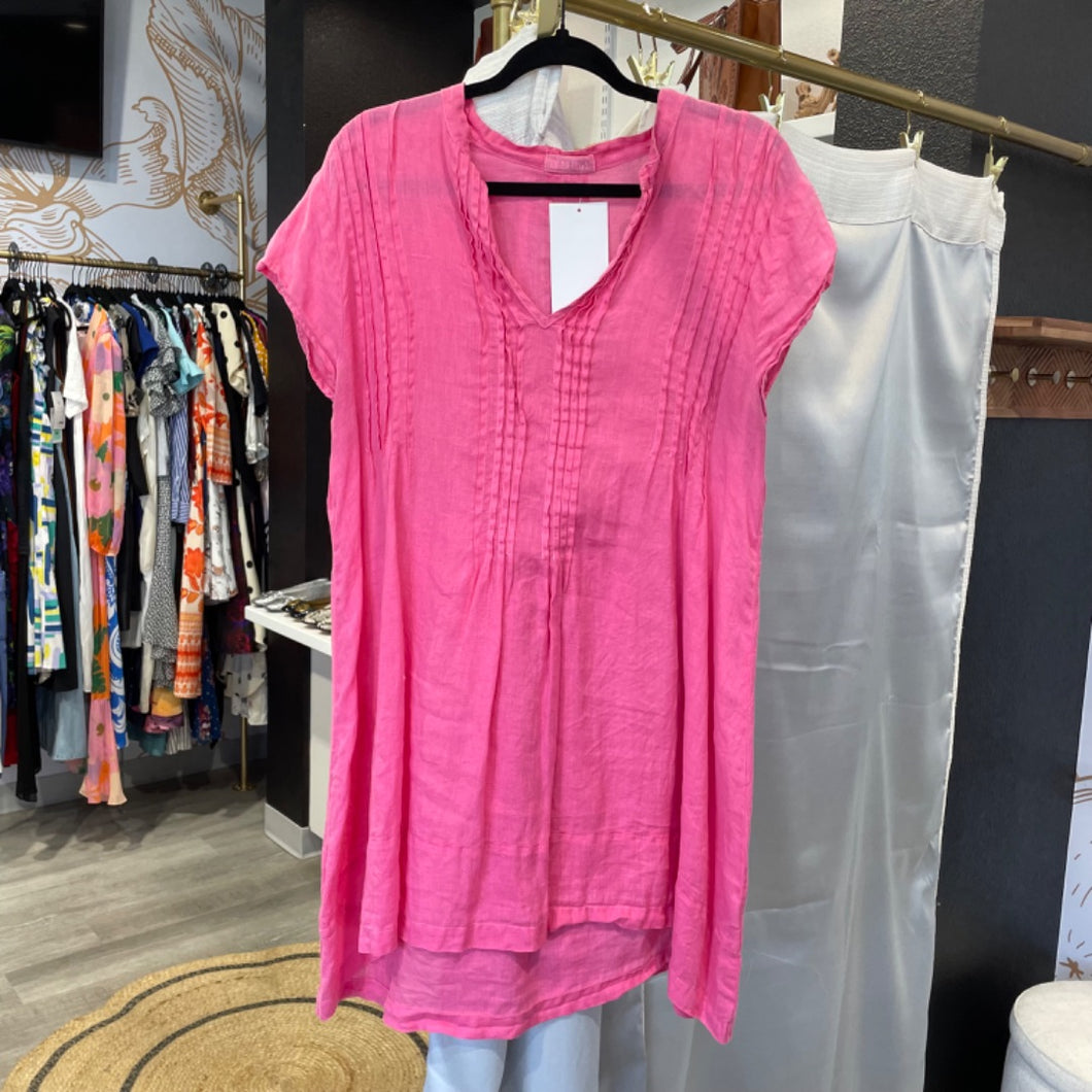 CP SHADES | Women's Pink Pleat Short Sleeve Linen Dress | Size: L