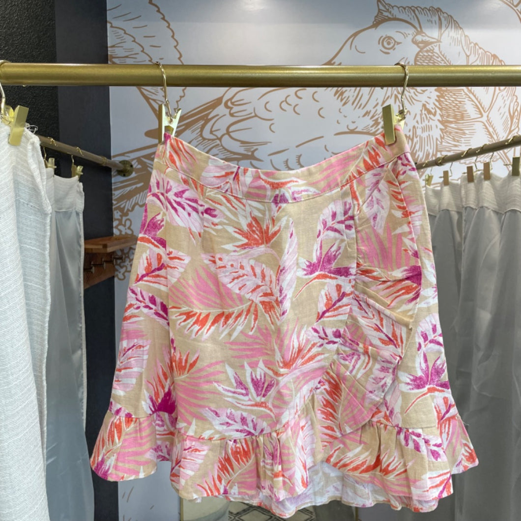 Karlie | Women's Pink and Tan Tropical Print Linen Faux Wrap Skirt | Size: M