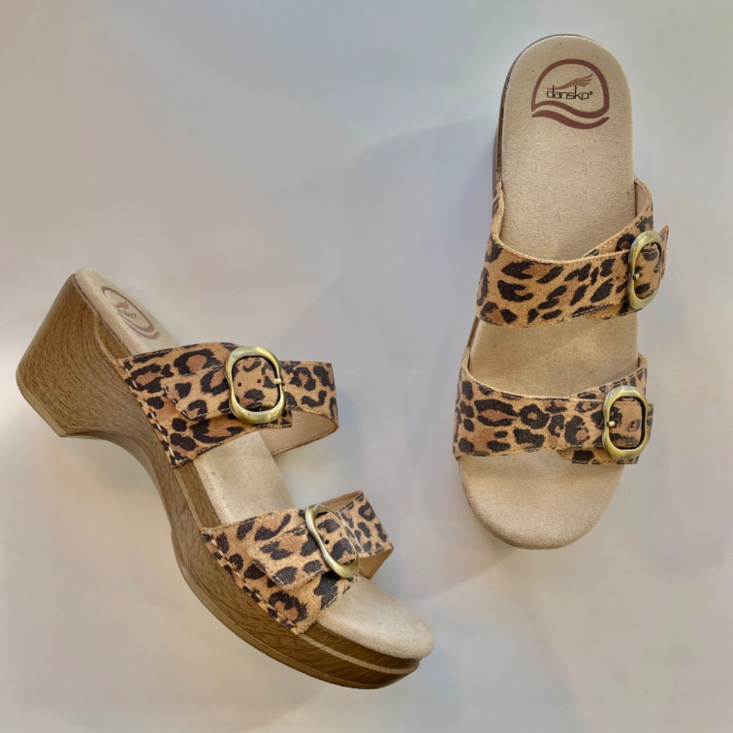 Dansko | Women's Leopard Print Strap Buckle Wedge Sandals | Size: 39