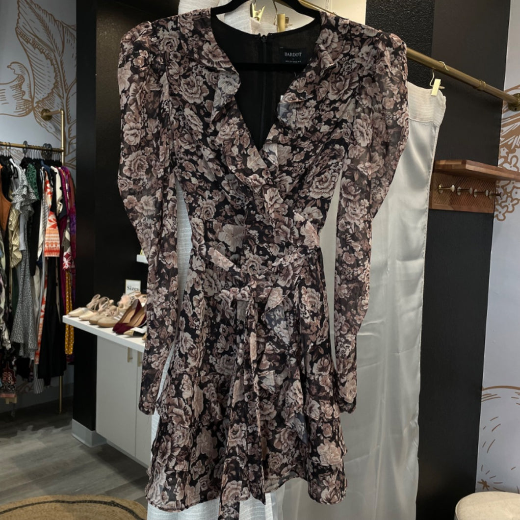 Bardot | Womens Black and Brown Floral Print Ruffle Mini Dress | Size: 4