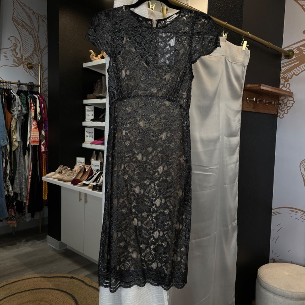 L'Agence | Women's Black Shimmer Lace Fitted Dress with Silk Slip | Size: 4