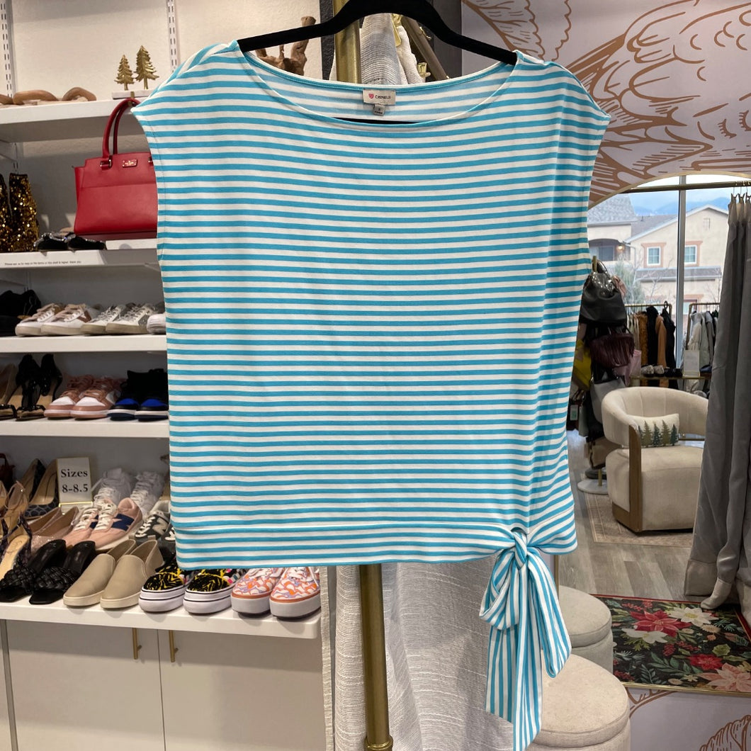 Cremieux | Women's Blue and White Stripe Short Sleeve Tie Top | Size: S