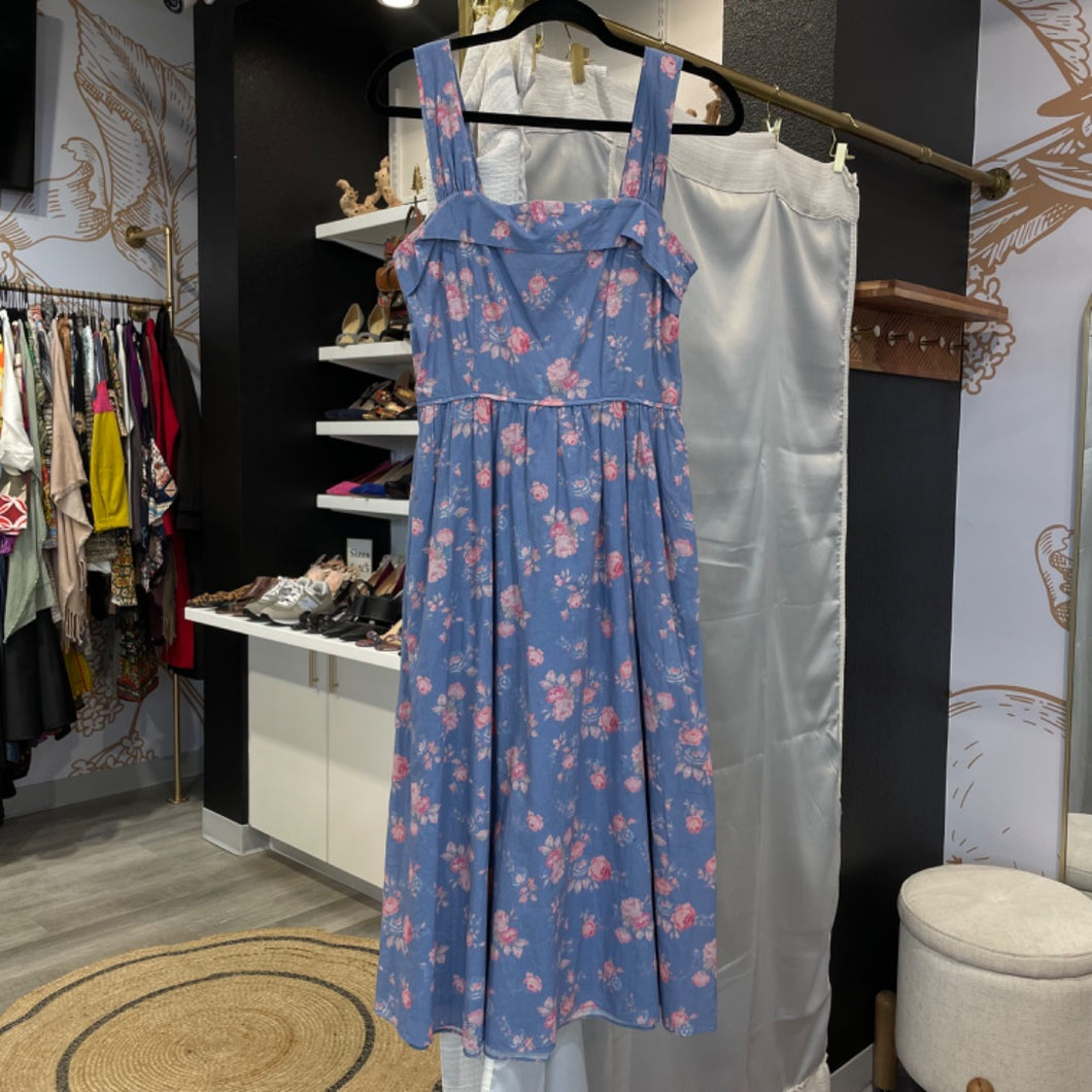 Love Shack Fancy | Women's Blue and Pink Floral Print Dress | Size: 4