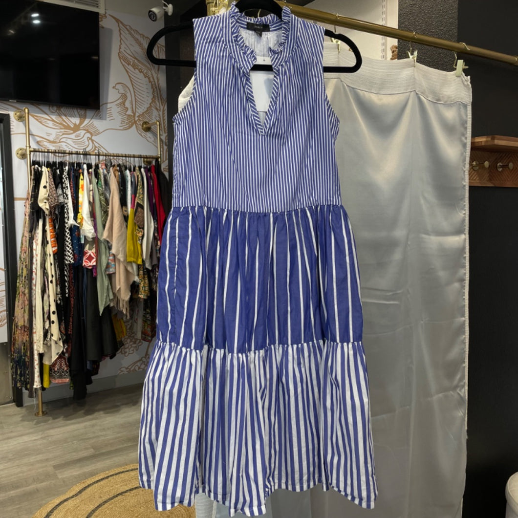 J. Crew | Women's Blue and White Stripe Sleeveless Mid Dress | Size: XXS