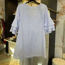 Load image into Gallery viewer, Zara | Women&#39;s Blue and White Stripe Ruffle Sleeve Dress | Size: LL
