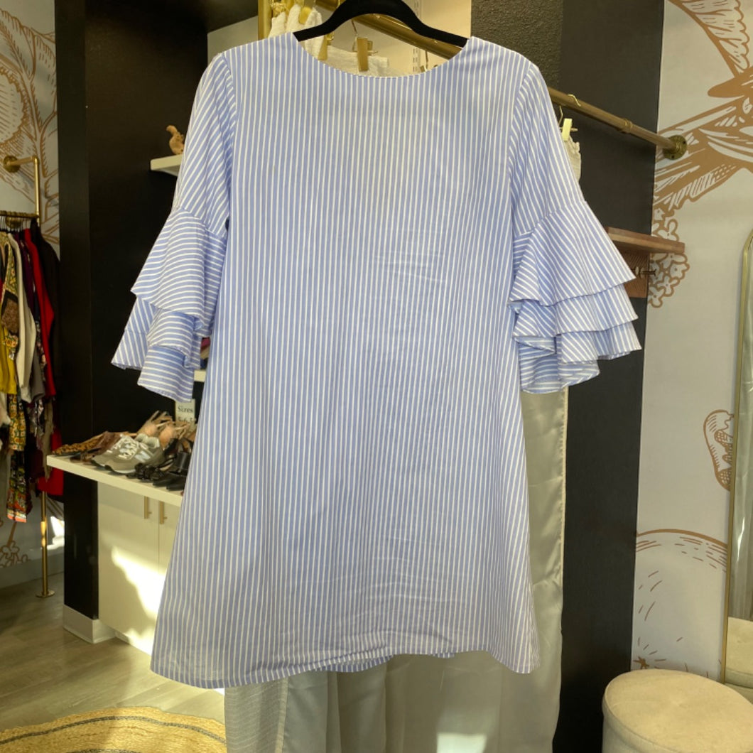 Zara | Women's Blue and White Stripe Ruffle Sleeve Dress | Size: LL
