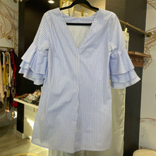 Load image into Gallery viewer, Zara | Women&#39;s Blue and White Stripe Ruffle Sleeve Dress | Size: LL
