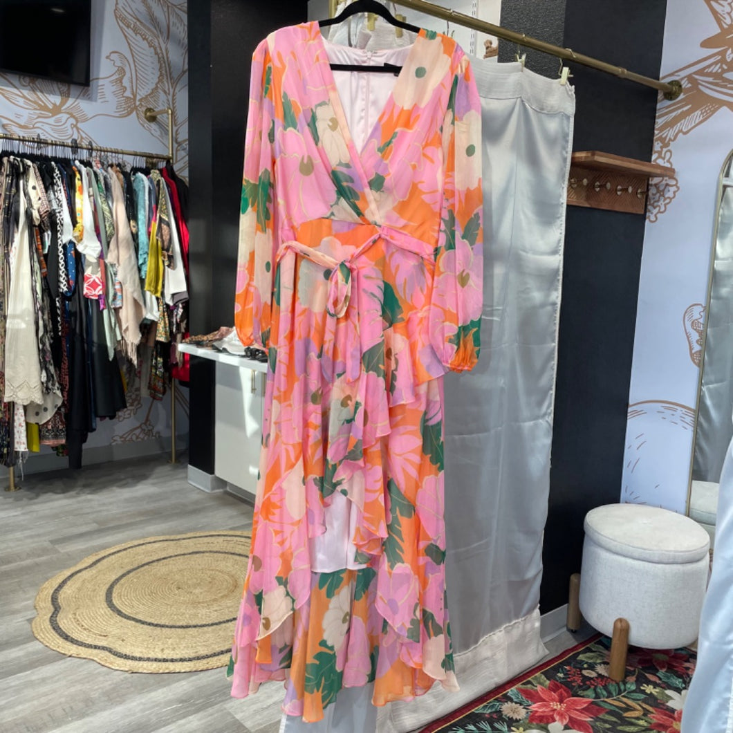 Alex Marie | Women's Orange and Pink Floral Print Maxi Dress | Size: 16