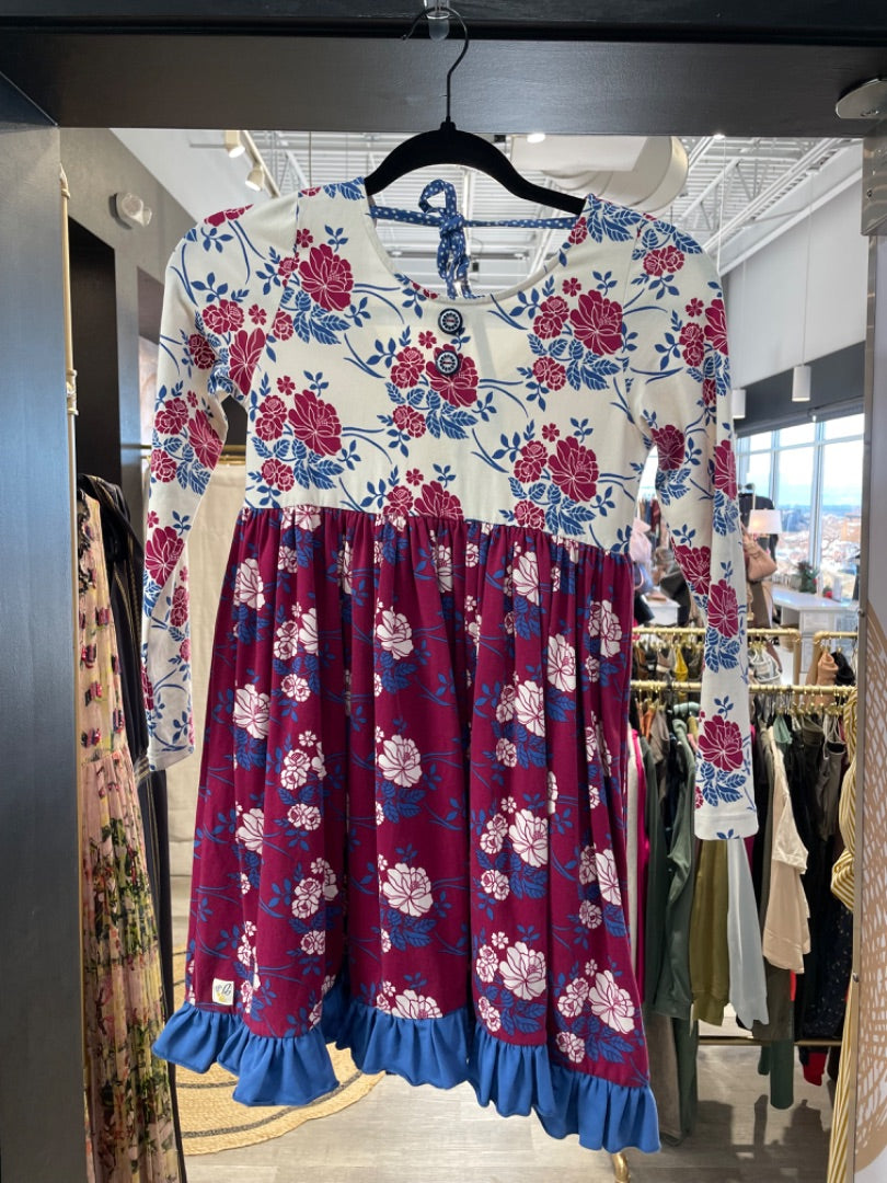 Wild Flowers | Girl's Red and Blue Floral Print Long Sleeve Dress | Size: 10Y