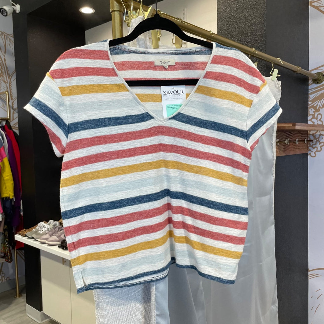 Madewell | Women's Red and Blue Stripe V Neck Tee | Size: XS