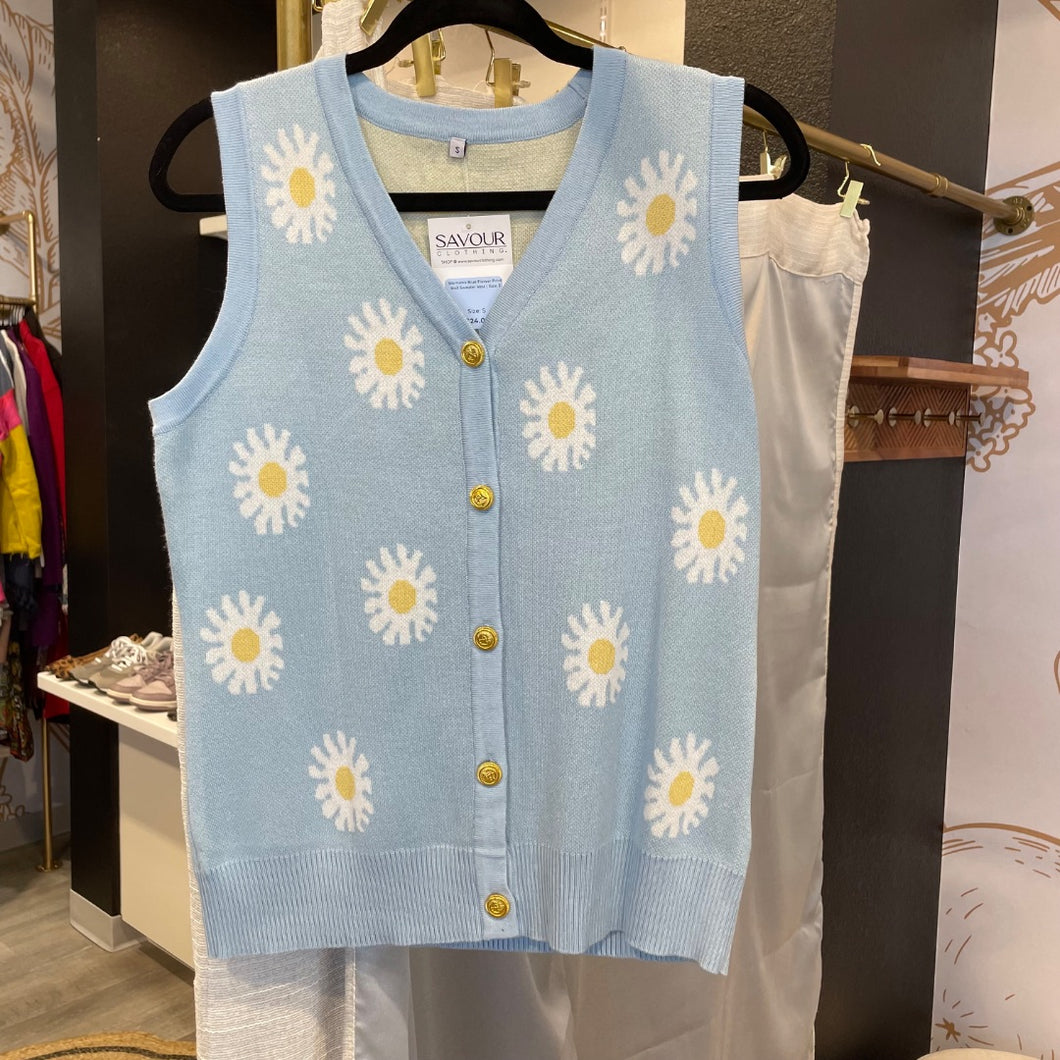 Women's Blue Flower Print Knit Sweater Vest | Size: S