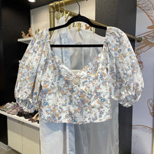 Load image into Gallery viewer, Abercrombie &amp; Fitch | Women&#39;s Blue and Orange Floral Print Long Sleeve Keyhole Top | Size: S
