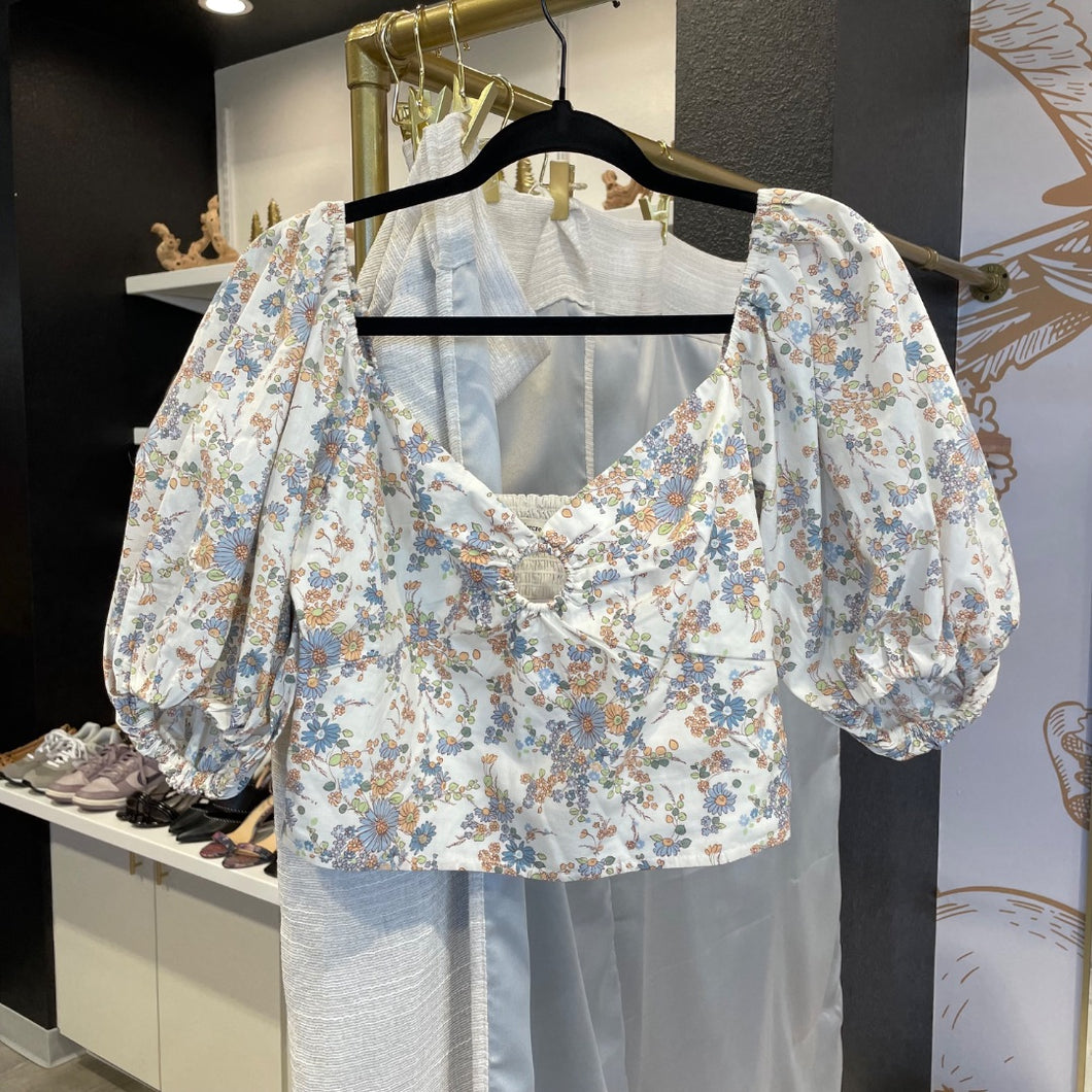 Abercrombie & Fitch | Women's Blue and Orange Floral Print Long Sleeve Keyhole Top | Size: S