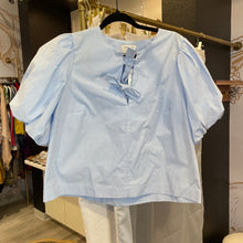 Load image into Gallery viewer, Kate Spade for Target | Women's Blue and White Stripe Puff Sleeve Tie Front Top | Size: M
