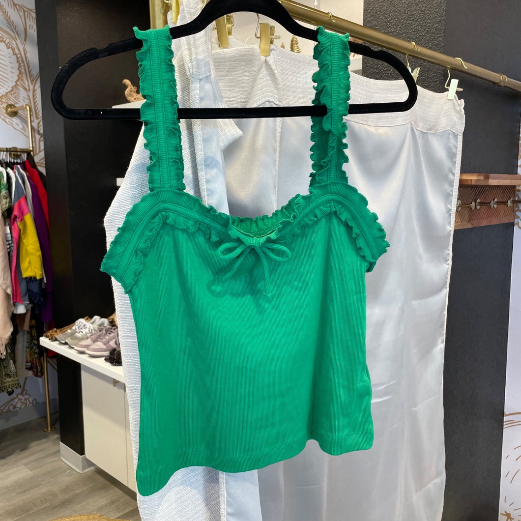 Anthropologie | Women's Maeve Green Ruffle Ribbed Tank Top | Size: M