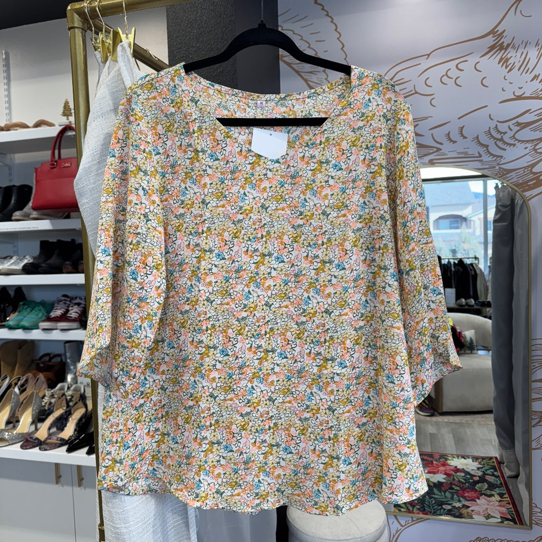 Women's Pink and Yellow Floral Half Sleeve Top | Size: M