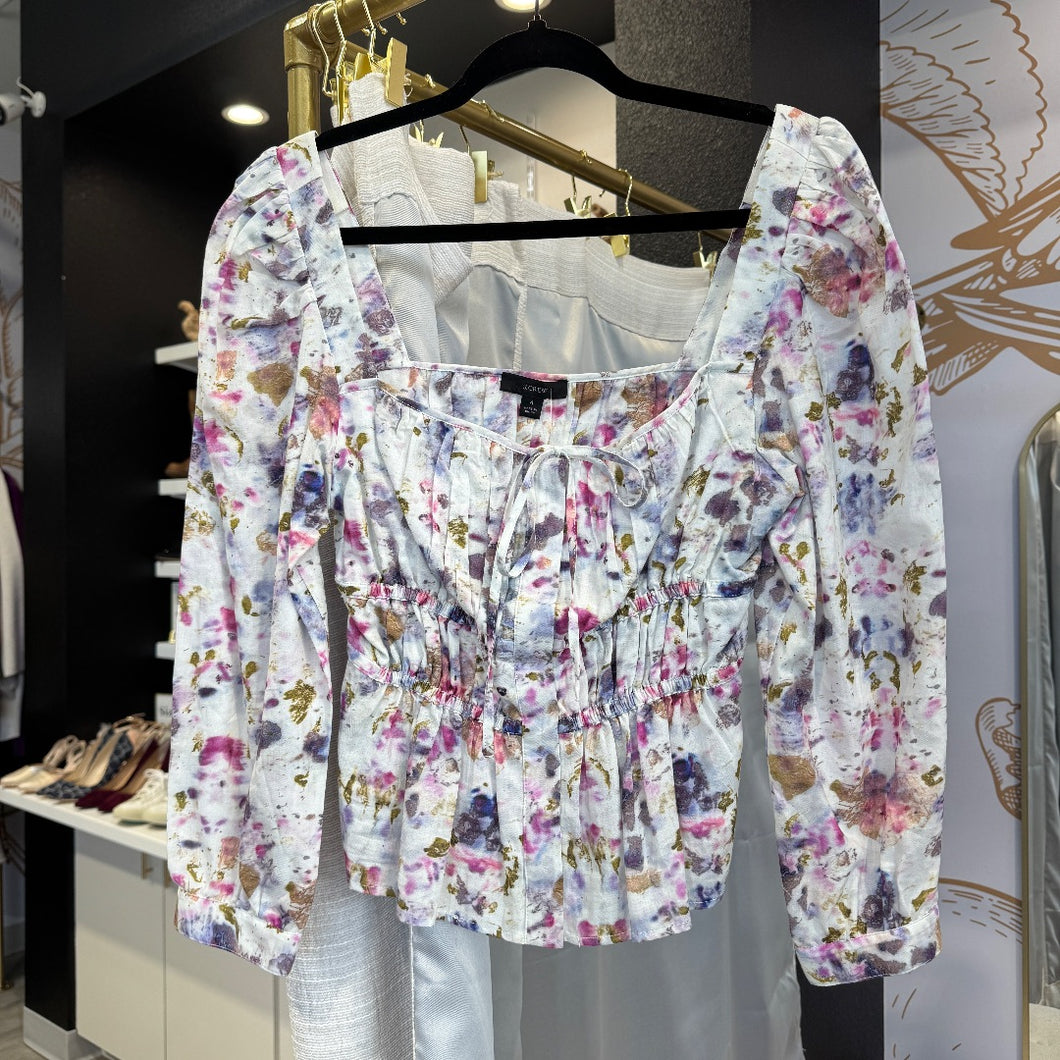 J. Crew | Womens White Purple Pink Watercolor Long Sleeve Crop Top | Size: 4