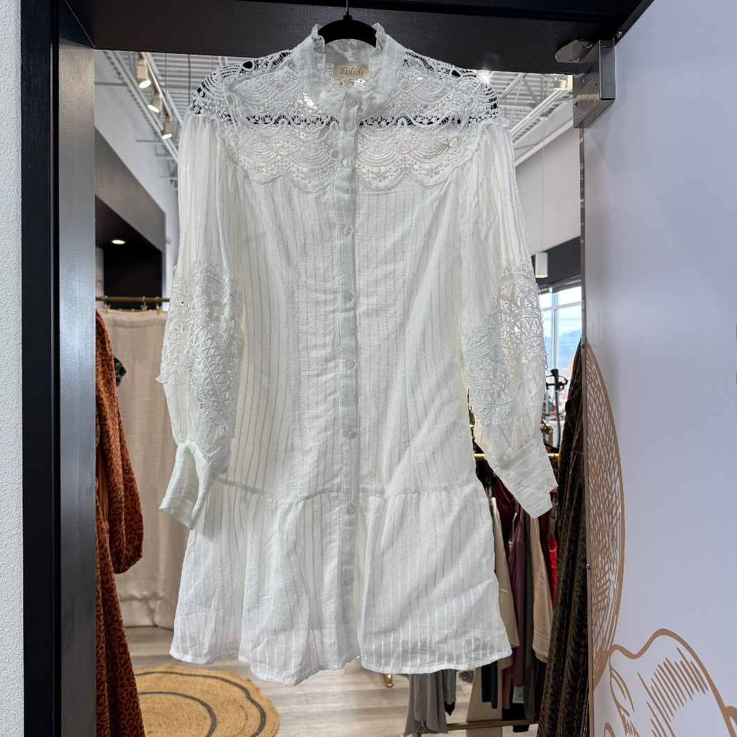 Listicle | Women's White Lace Sleeve Button Down Dress | Size: S