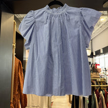 Load image into Gallery viewer, Trovata | Women&#39;s Blue and White Stripe Short Sleeve Ruffle Collar Top | Size: S
