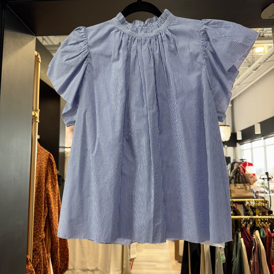 Trovata | Women's Blue and White Stripe Short Sleeve Ruffle Collar Top | Size: S