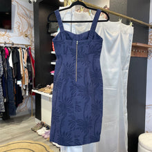 Load image into Gallery viewer, Back view navy lilly pulitzer fitted dress with tree pattern
