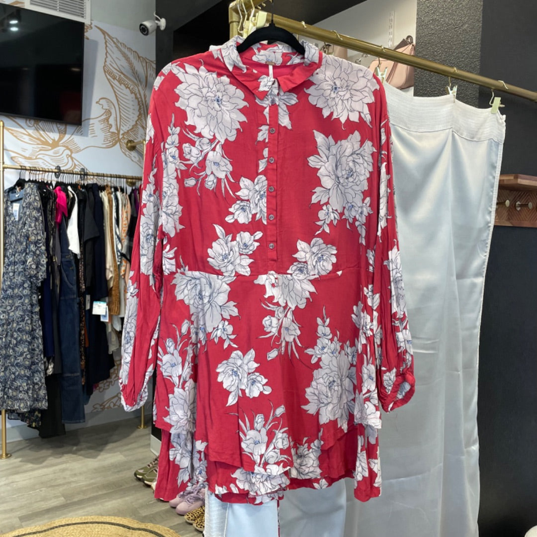 knee length dresses for ladies Free People Women’s Red & Gray Floral Print Button Down Long Sleeve Dress –  Size S | Boho Floral Chic