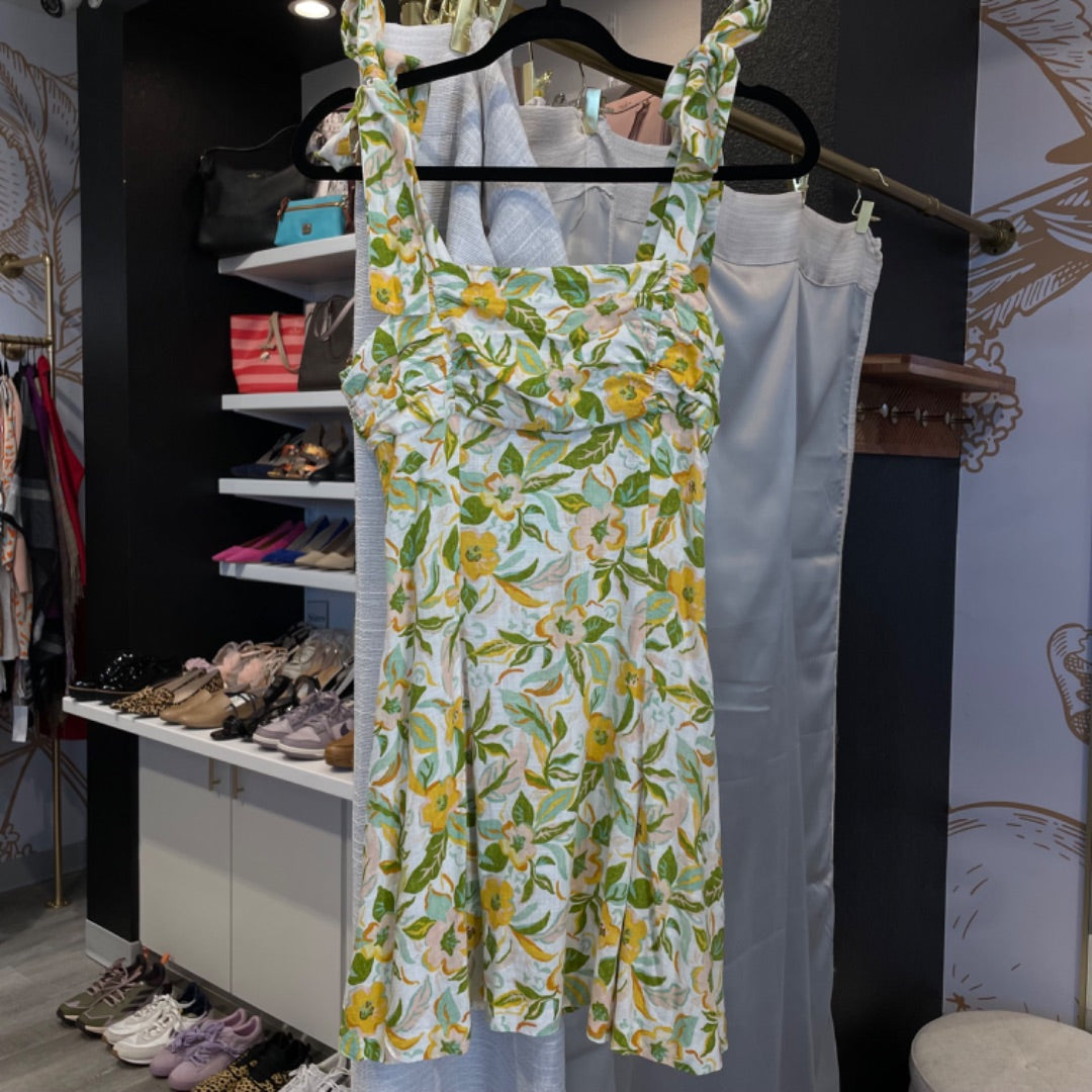 Zara | Women's Green and Yellow Floral Print Mini Dress