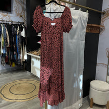 Load image into Gallery viewer, Patrons of Peace | Women's Pink and Black Floral Print Ruffle Maxi Dress | Size: L
