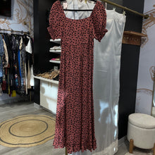 Load image into Gallery viewer, Patrons of Peace | Women's Pink and Black Floral Print Ruffle Maxi Dress | Size: L
