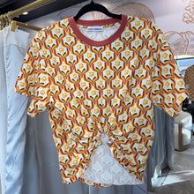 Load image into Gallery viewer, Paco Rabanne women’s cream red cotton tapestry gathered U-ring top size L
